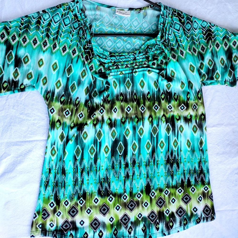 Kim Rogers Med Short SleeveTortoise & Olive Green Blouse